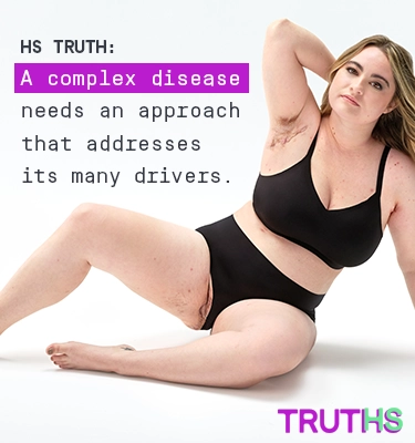 To the right of the image, a White woman with blonde hair poses looking into the camera while her armpit and groin are exposed, showing scars from her hidradenitis suppurativa (HS) flares. To her left reads a headline "HS TRUTHS: A complex disease needs an approach that address its many drivers." Below the headline is a tag with the patients name which reads "Ashley, real HS patient. Under her is the TRUTHS logo with the HS in TRUTHS highlighted in teal. 