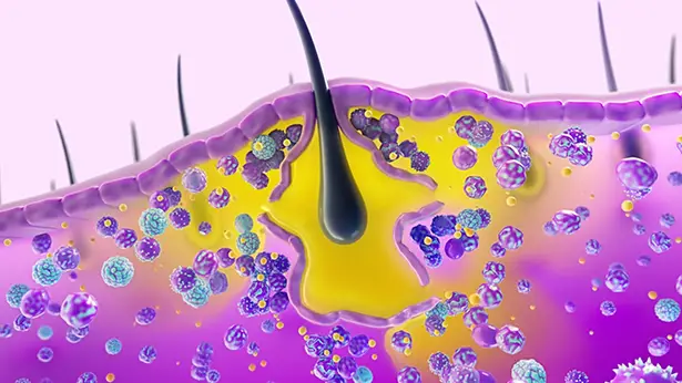 Illustration of immune cells activating inflammatory pathways that drive a harmful cascade in HS, leading to nodules, abscesses, and tunnels in the skin