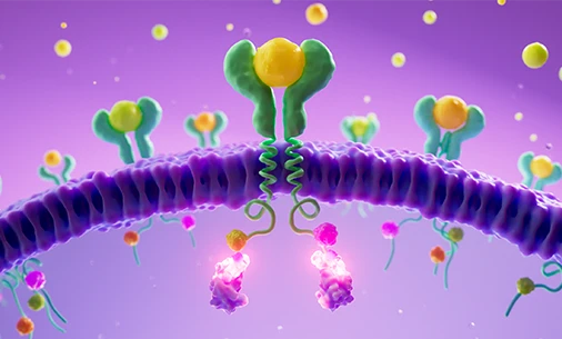 A scientific image of the immune pathway with a green play button layered on top 
